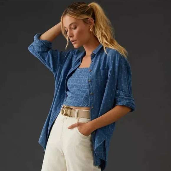 Anthropologie Pilcro Chambray block print button down shirt - Picture 1 of 8